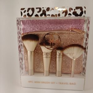 NIB 4-Piece Mini Brush Set with Travel Bag - Gold and Pink